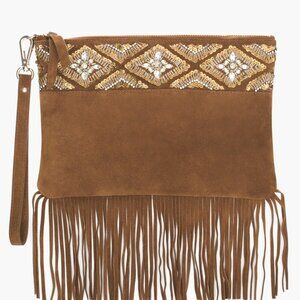 Chico's Beaded Suede Fringe Clutch Wristlet